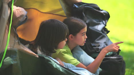 Niños-Lindos-En-Una-Tienda-De-Campaña-Mirando-Algo