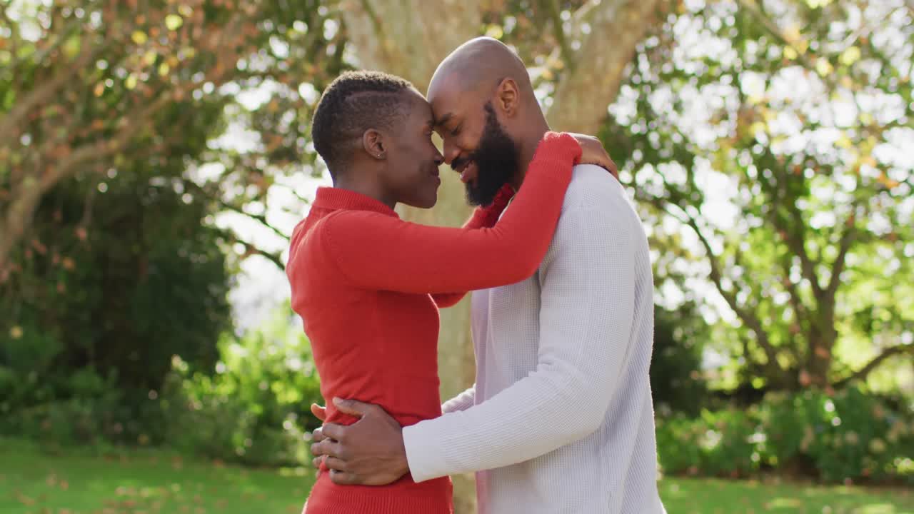 Video of happy african american couple embracing in autumn garden