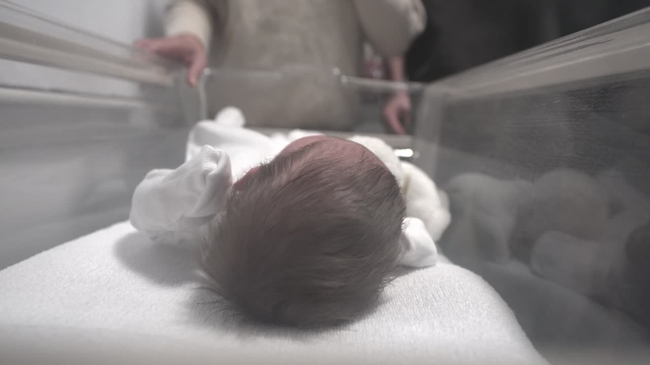 Family parental relationship, newborn baby, hospital maternity bassinet