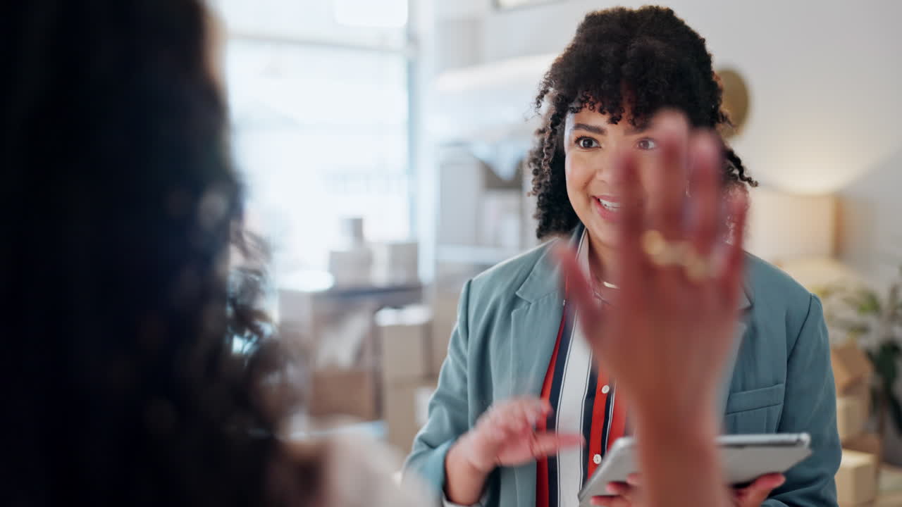 Business women, high five and tablet for startup