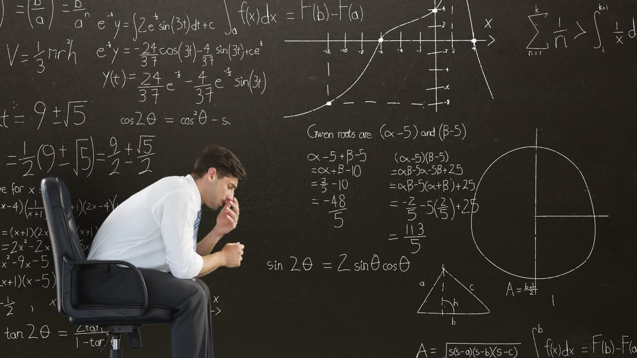 Man and mathematical equations with figures 4k