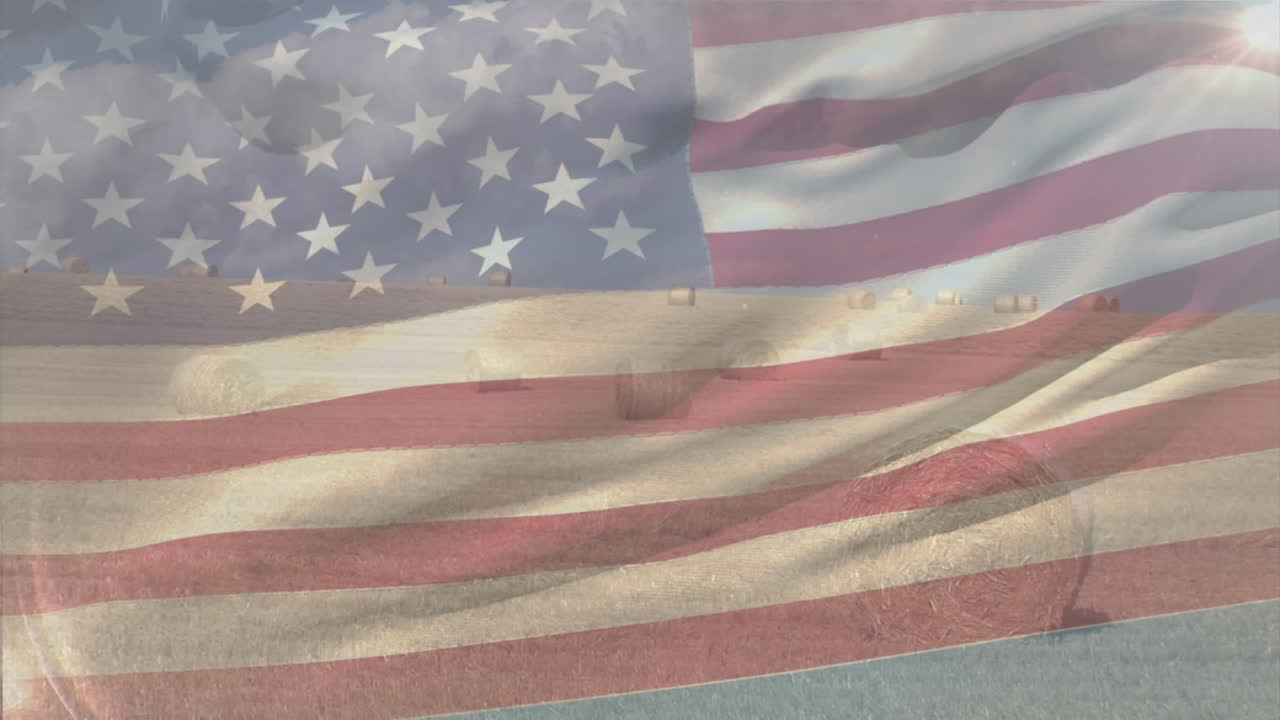 composición digital de la bandera estadounidense ondeando contra la vista del paisaje del campo de la granja