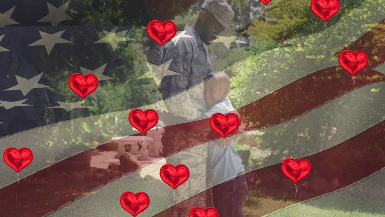 animación de iconos de corazón y bandera estadounidense sobre un soldado afroamericano con un hijo