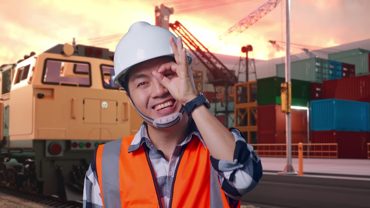 Close Up Of Asian Male Engineer With Safety Helmet Showing Ok Hand Sign Over Eye And Smiling To Camera While Standing With Freight Cargo Train At Port