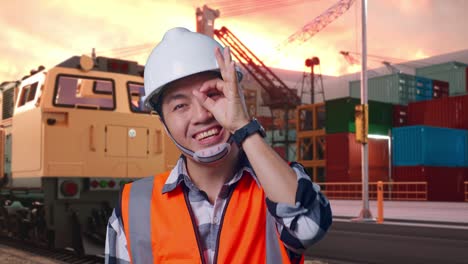 close up of asian male engineer with safety helmet showing ok hand sign over eye and smiling to camera while standing with freight cargo train at port