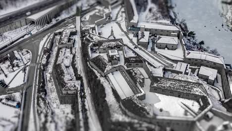 aerial view of the fortezza fortress in the valle isarco valley, south tyrol, italy. one of the most impressive fortifications of the alpine area. there is a highway nearby,  with busy traffic.