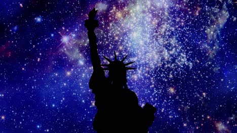 the black silhouette shape of the statue of liberty in new york, usa, over a moving starscape timelapse background