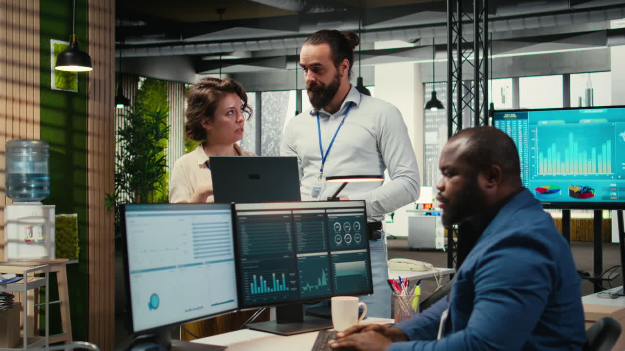 Vertical Video Team of staff members work with high tech and performance metrics