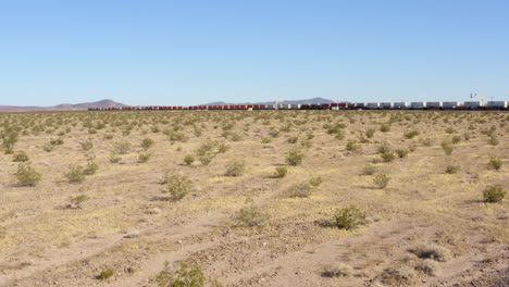 Niedriger-Blick-Auf-Zwei-Extrem-Lange-Güterzüge,-Die-Auf-Geraden-Bahngleisen-In-Der-Wüste-Aneinander-Vorbeifahren