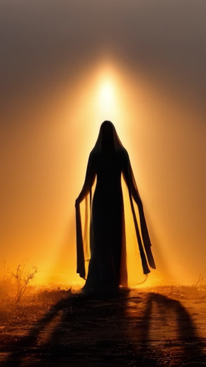 Uma Figura Misteriosa Emerge da Névoa, Banhada em Luz Etérea, Criando uma Cena Enigmática de Beleza e Intriga, Cativando o Espectador com Sua Presença Assombrosa.