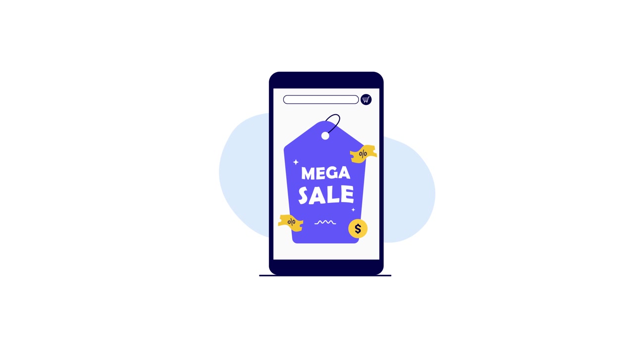 Smartphone animato che visualizza una promozione di mega saldi