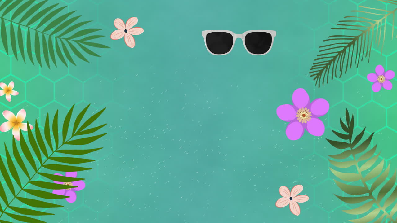 Animation of leaves and sunglasses over abstract vibrant pattern