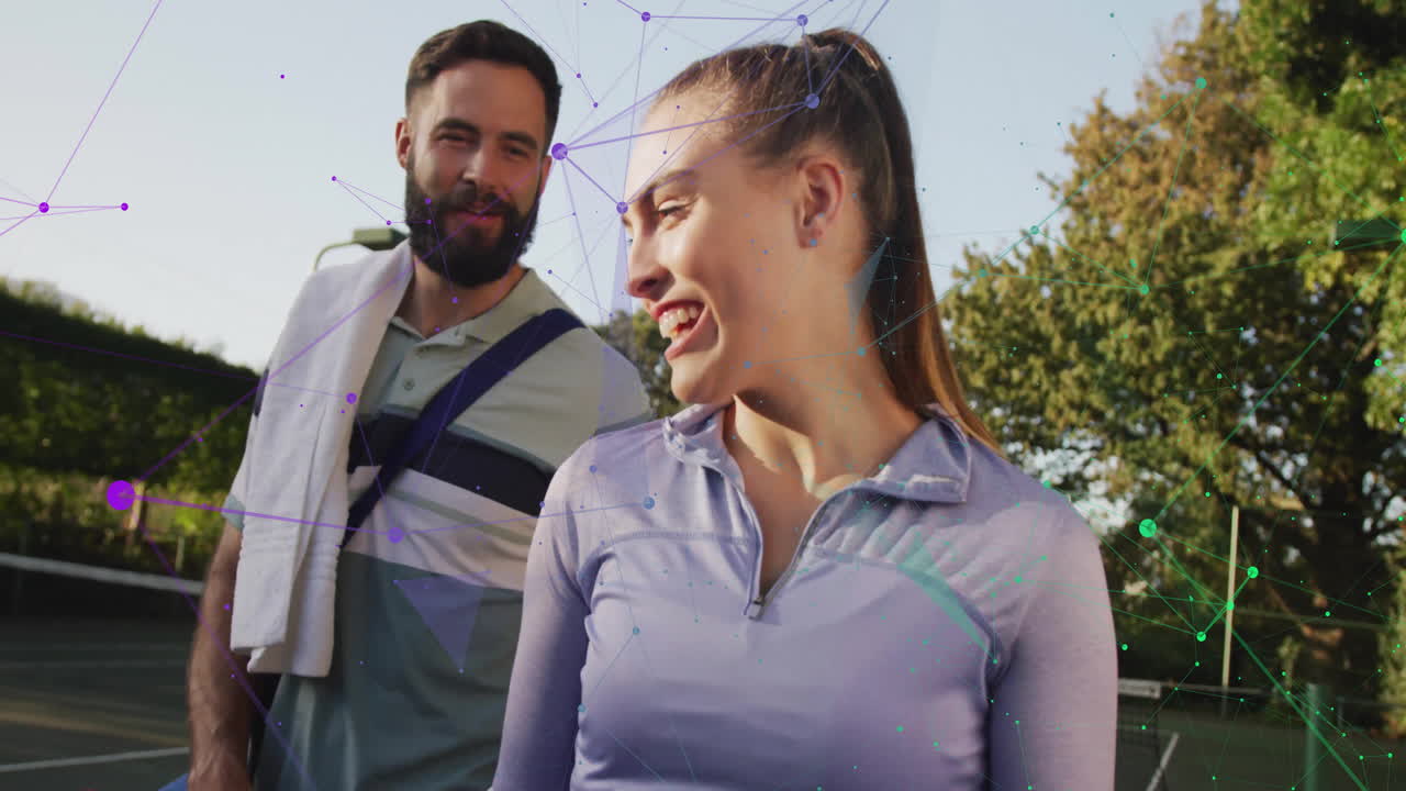 woman playing tennis with partner on court, displaying animated sports performance data and graphs