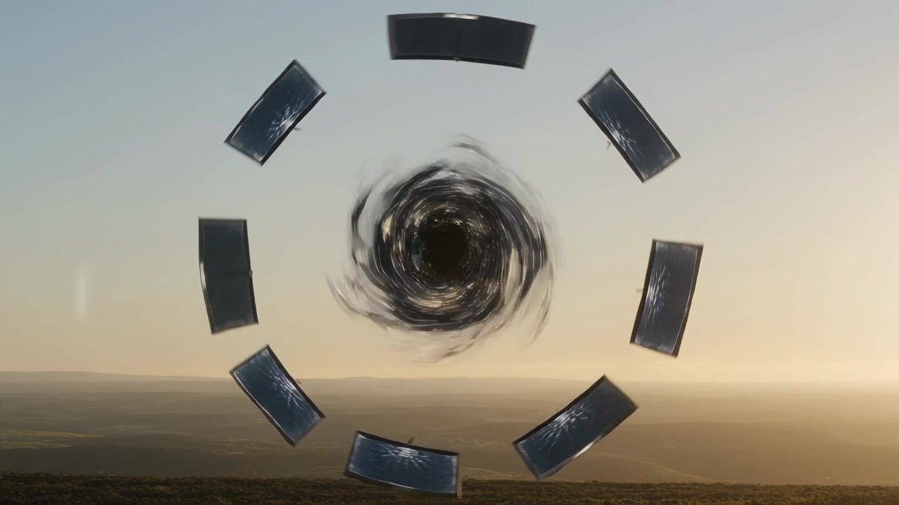 Vortice centrale che si forma mentre pannelli scuri orbitano e si inclinano su un altopiano, catturando il sole