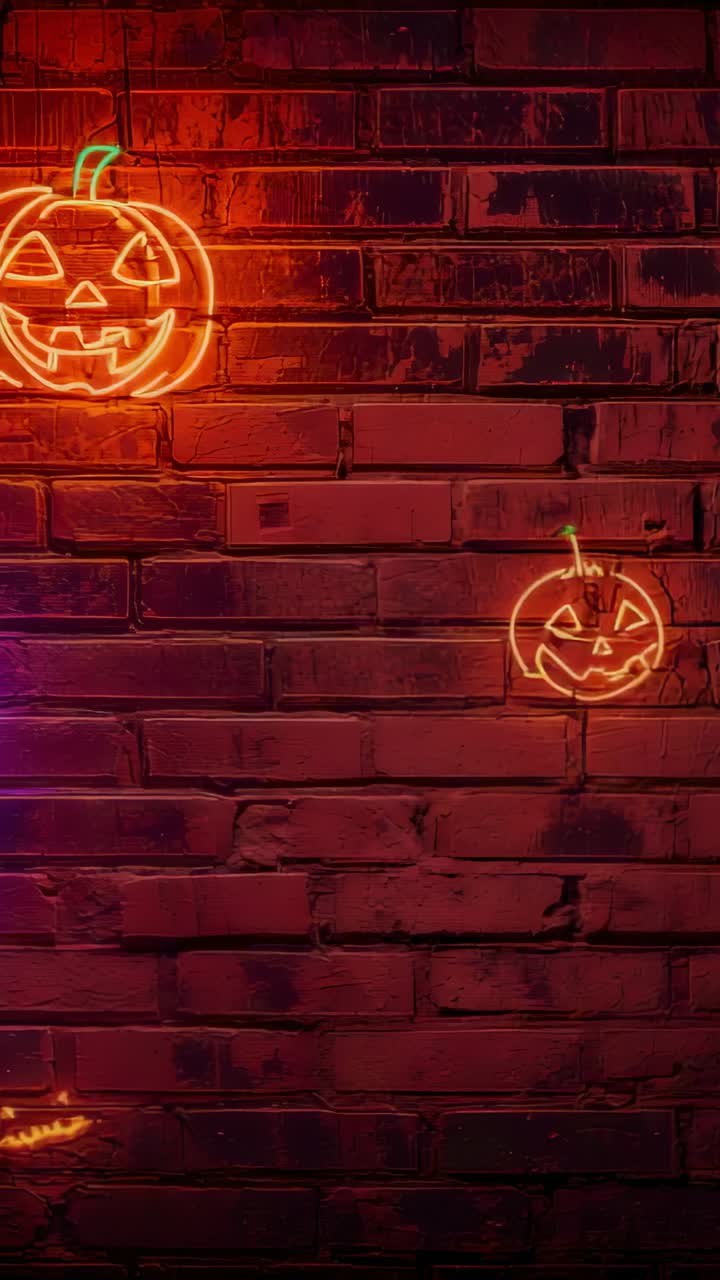 Vertical video: Drifting neon lines weaving spider web around jack-o'-lanterns on red brick wall