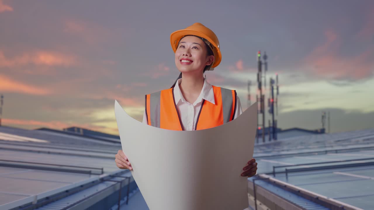 En asiatisk kvindelig ingeniør med sikkerhedshjelm kigger på en tegning i sine hænder og ser sig omkring, mens hun står og inspicerer industrielle solcellepaneler på tag.
