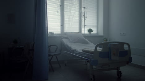 empty clinic room interior with neat beds medical drips. calm ward environment.