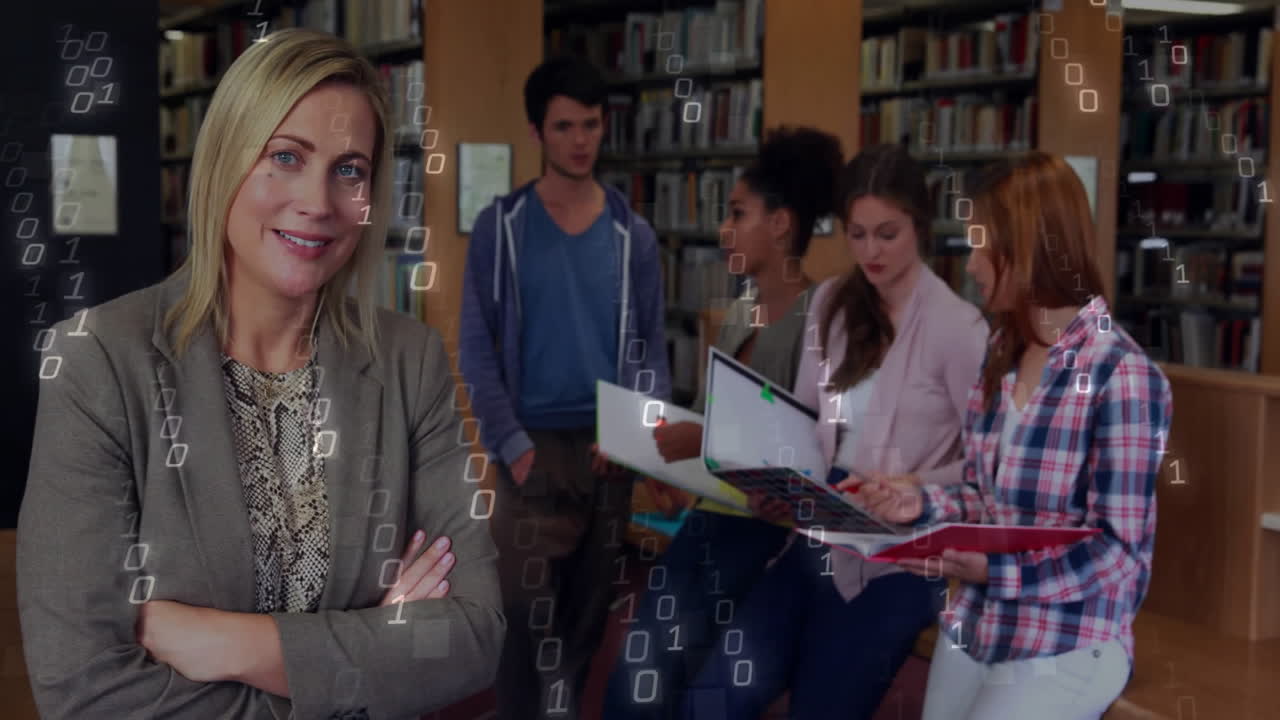 animación de código binario sobre un grupo diverso de personas que estudian en la biblioteca