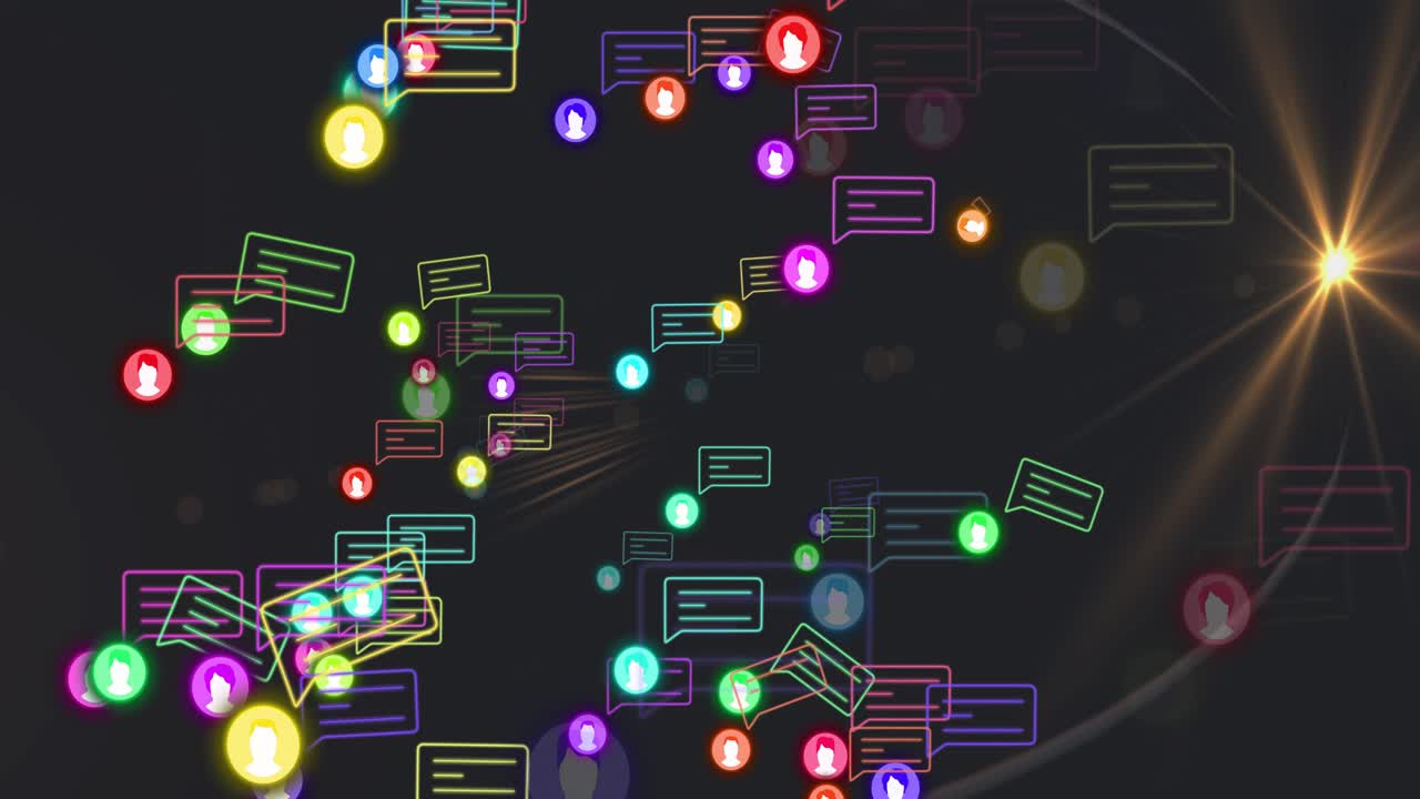 Iconos de avatar y chat emergiendo y dirigiéndose a una estrella pulsante, formando un anillo para la visualización de la red.