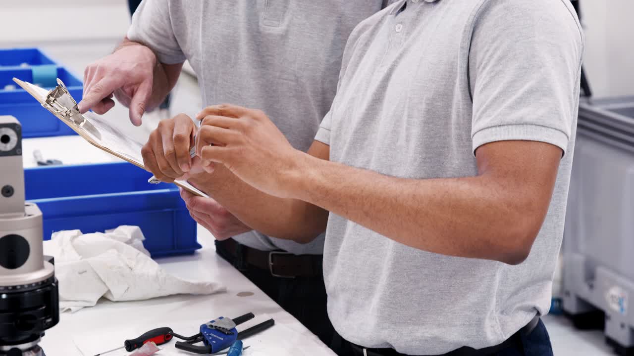 ingeniero y aprendiz masculino de componentes de medición en una planta de ingeniería de alta tecnología