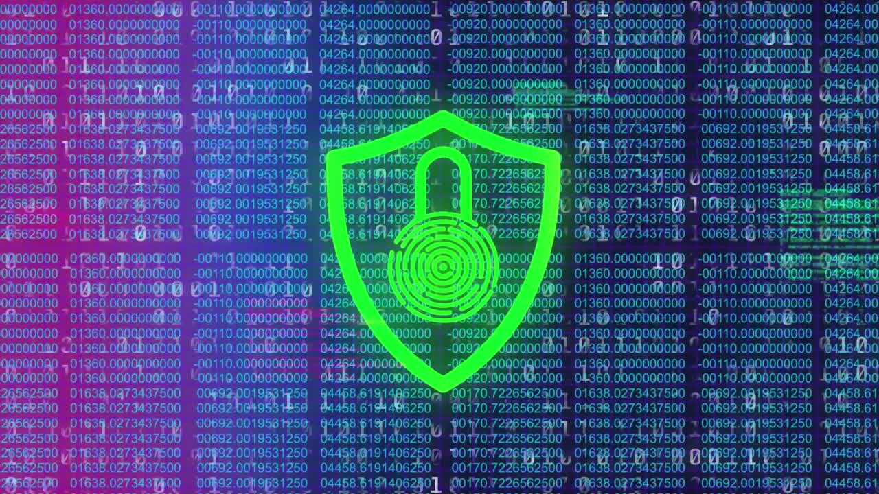 animación del icono del candado de seguridad y procesamiento de datos de codificación binaria en un fondo de gradiente púrpura.