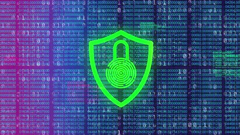 Animation of security padlock icon and binary coding data processing on purple gradient background