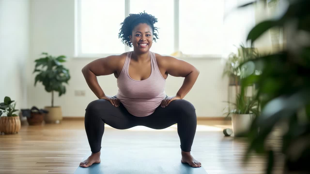 Donna in reggiseno color malva e leggings neri che fa squat su un tappetino blu in una palestra domestica