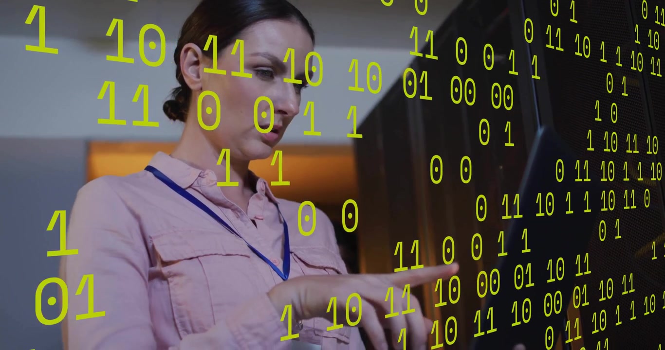 Animation of data processing over caucasian businesswoman using laptop in server room