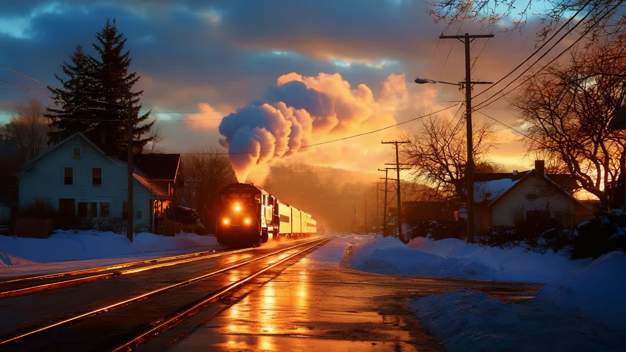A majestic steam locomotive travels through a picturesque winter landscape at sunset, casting a warm glow upon the snow-covered ground and reflecting the vibrant colors of the evening sky