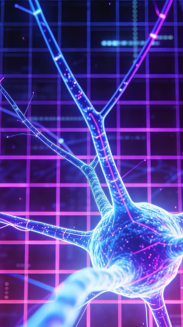 Vertical video: Cam panning exploring soma pulsing light along processes on neon magenta-blue grid