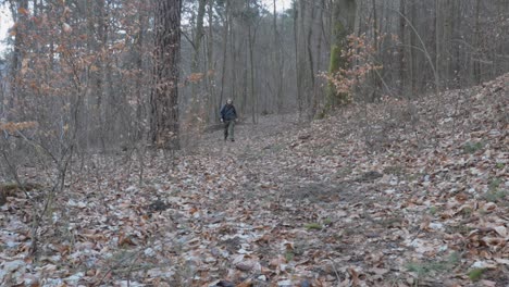 Männlicher-Tourist,-Der-Während-Der-Herbstsaison-In-Einem-Wald-In-Den-Rahmen-Geht,-Wandert-Und-Marschiert-Ganz-Allein-Durch-Den-Wald