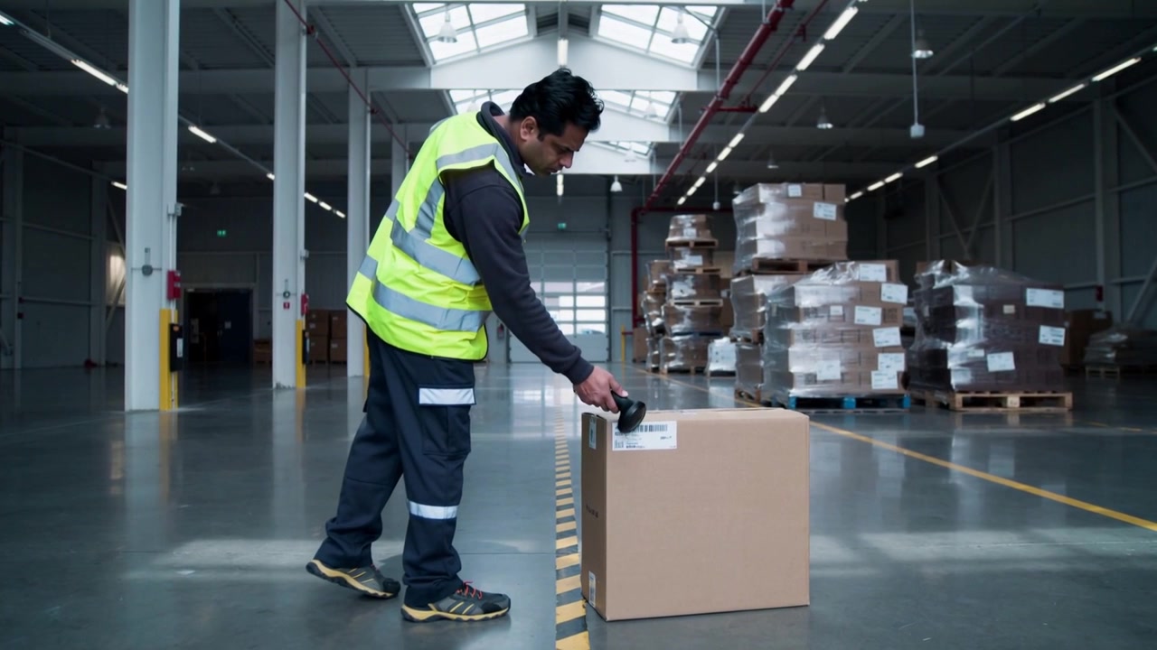 Mendekati kotak, pekerja berrompi memindai label kode batang untuk stok di depot dengan pemindai, dengan ruang kosong.