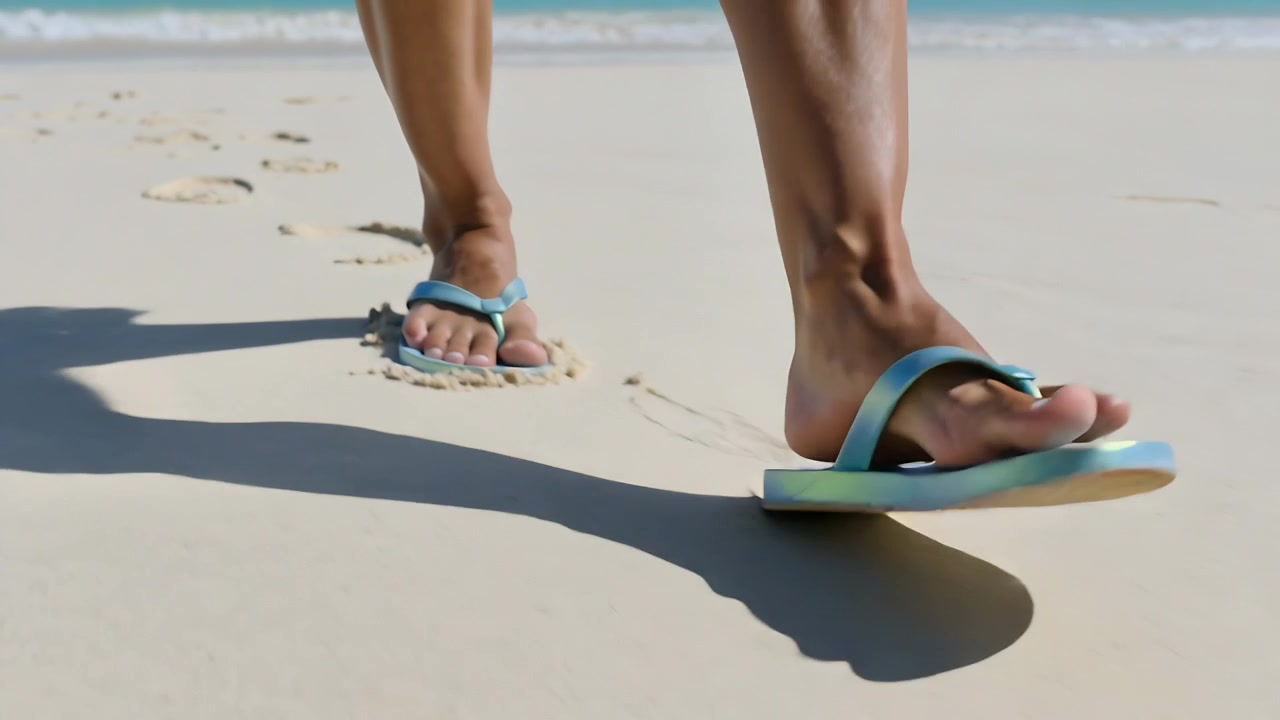 Telecamera che segue gambe e piedi che camminano su una spiaggia illuminata dal sole, indossando infradito blu-verdi.