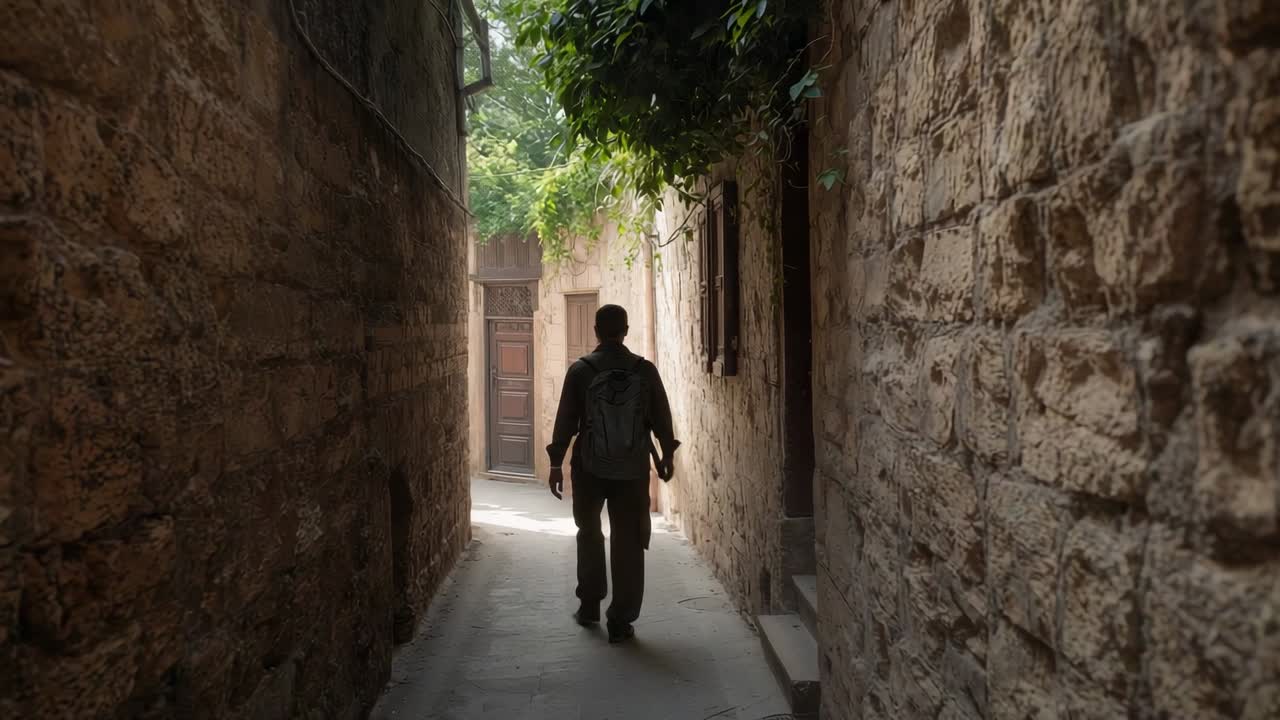 Walking man with backpack and cap moving down narrow stone alley to wooden door, sunlight drawing