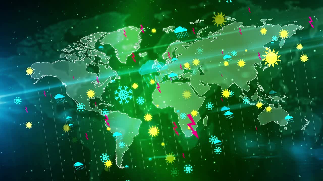 세계 지도의 루프와 원활한 배경에 있는 기상 기호와 아이콘