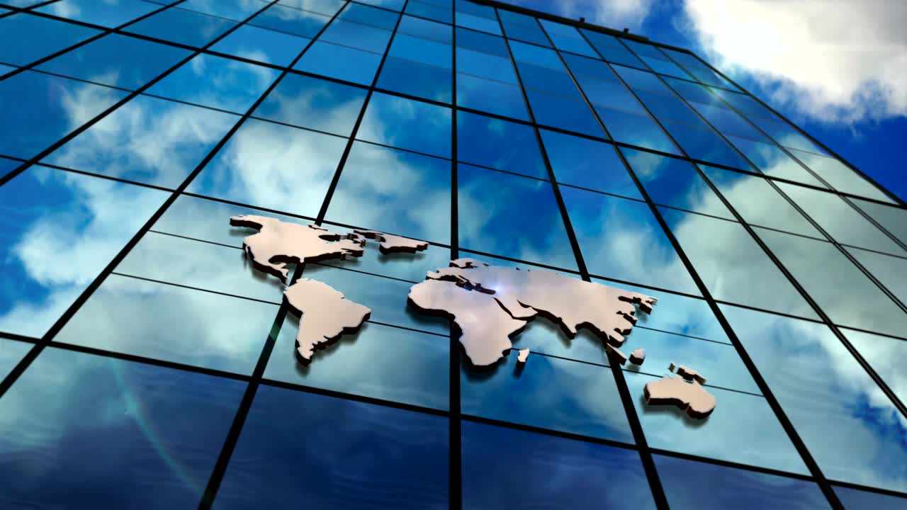 World Map sign on glass skyscraper with mirrored sky loop animation