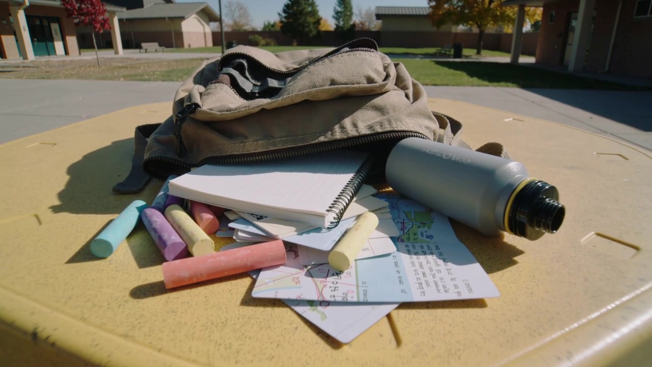 Camera pushing in, framing khaki backpack on campus courtyard, highlighting notebook chalk bottle