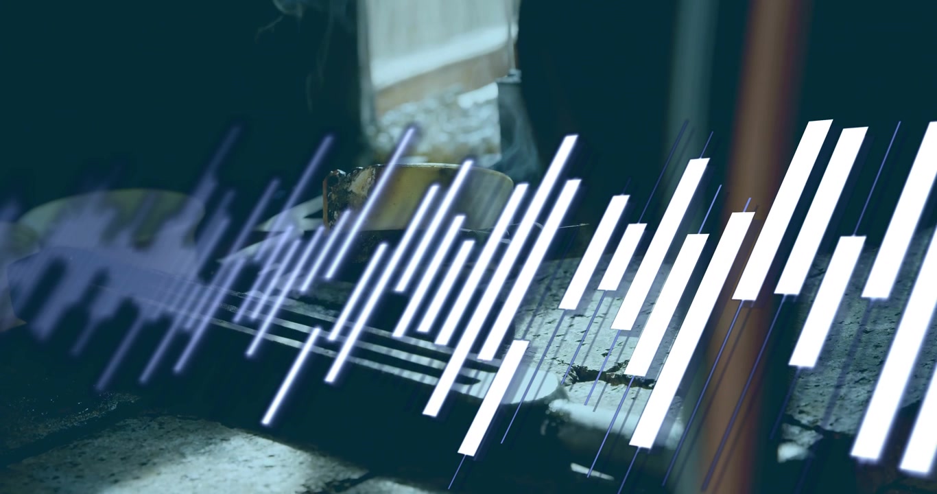Visualizer graphic responding to audio input, pulsing across concrete grate, revealing doorway