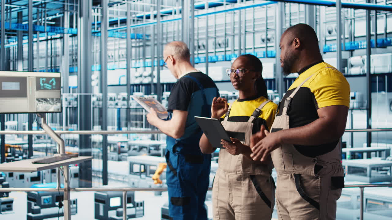 Photovoltaics smart factory staff members using tablet, researching PV materials