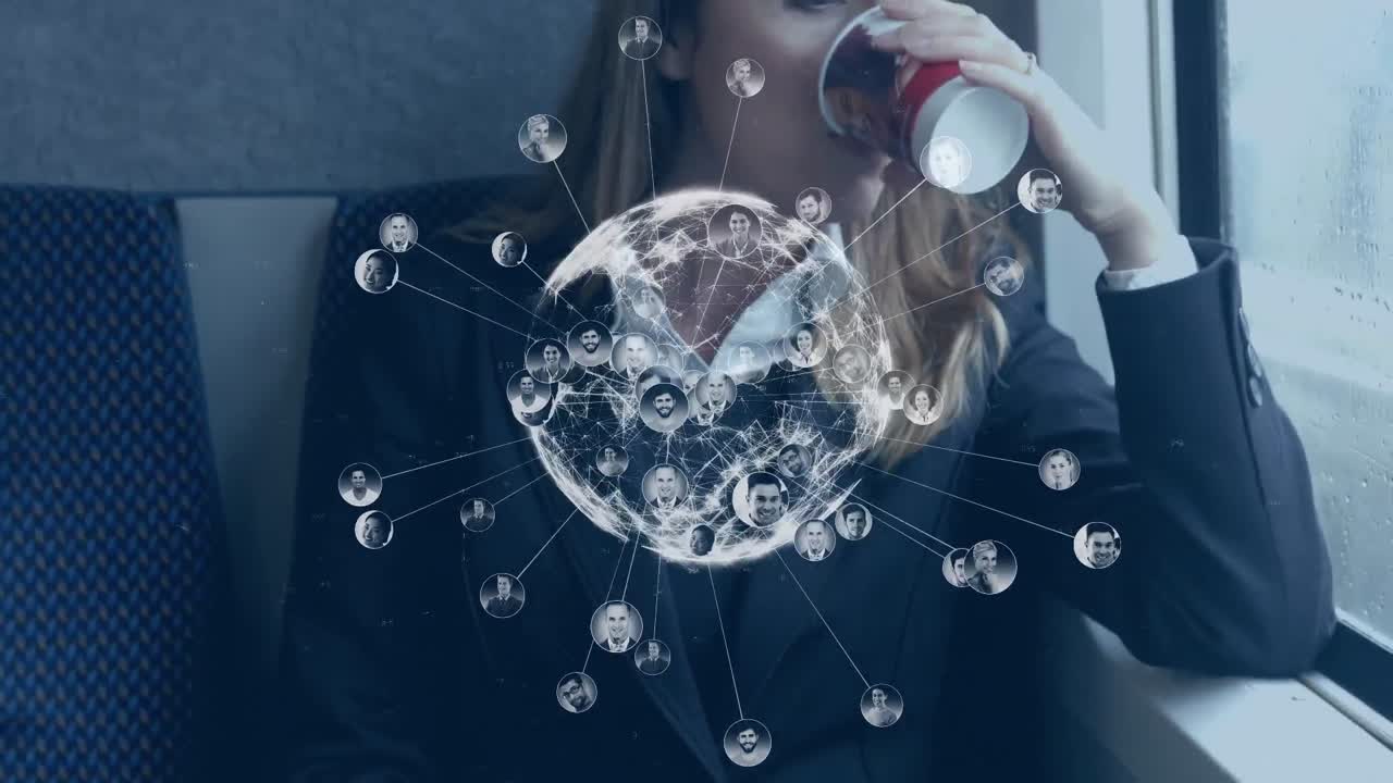 스마트 폰을 사용하는 열차에 있는 사업가 여성에 대한 글로벌 네트워크의 애니메이션