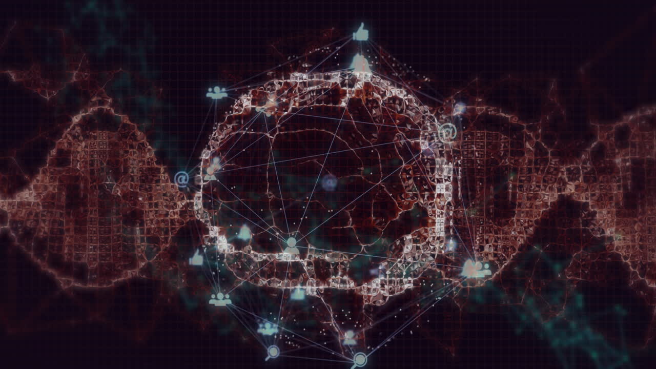 Animation of network of digital icons over spinning human brain icon and digital wave