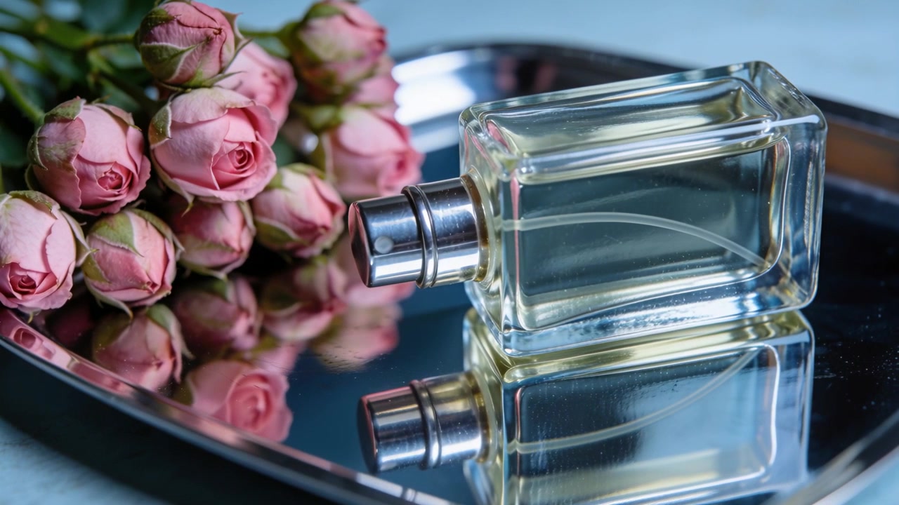 Telecamera che si inclina rivelando una bottiglia di profumo in vetro su un vassoio a specchio con boccioli rosa, esponendo l'ugello metallico.