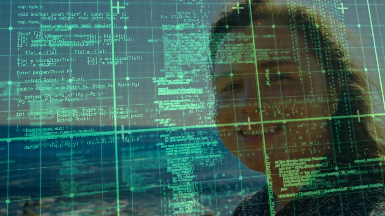 Programmer standing by seaside, engaging with fading grid overlay, analyzing streaming code data