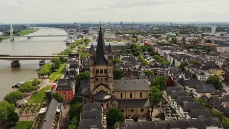 aerial view of düsseldorf city with church and rhine river