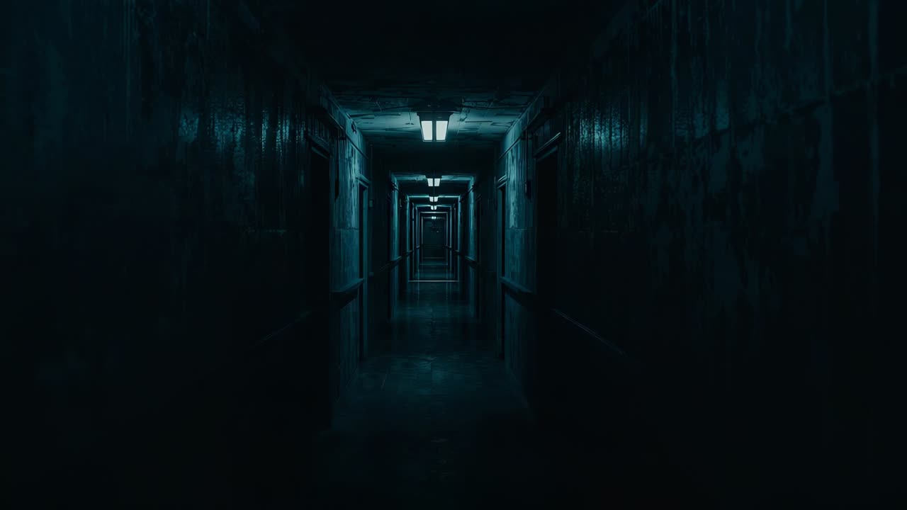 Moving centered camera sliding forward in long corridor, revealing fluorescent lights and handrails