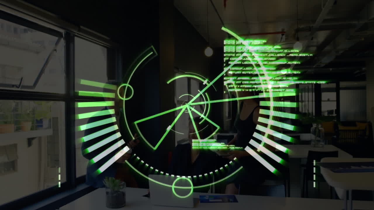 Futuristic digital interface with green radar animation over modern office setting