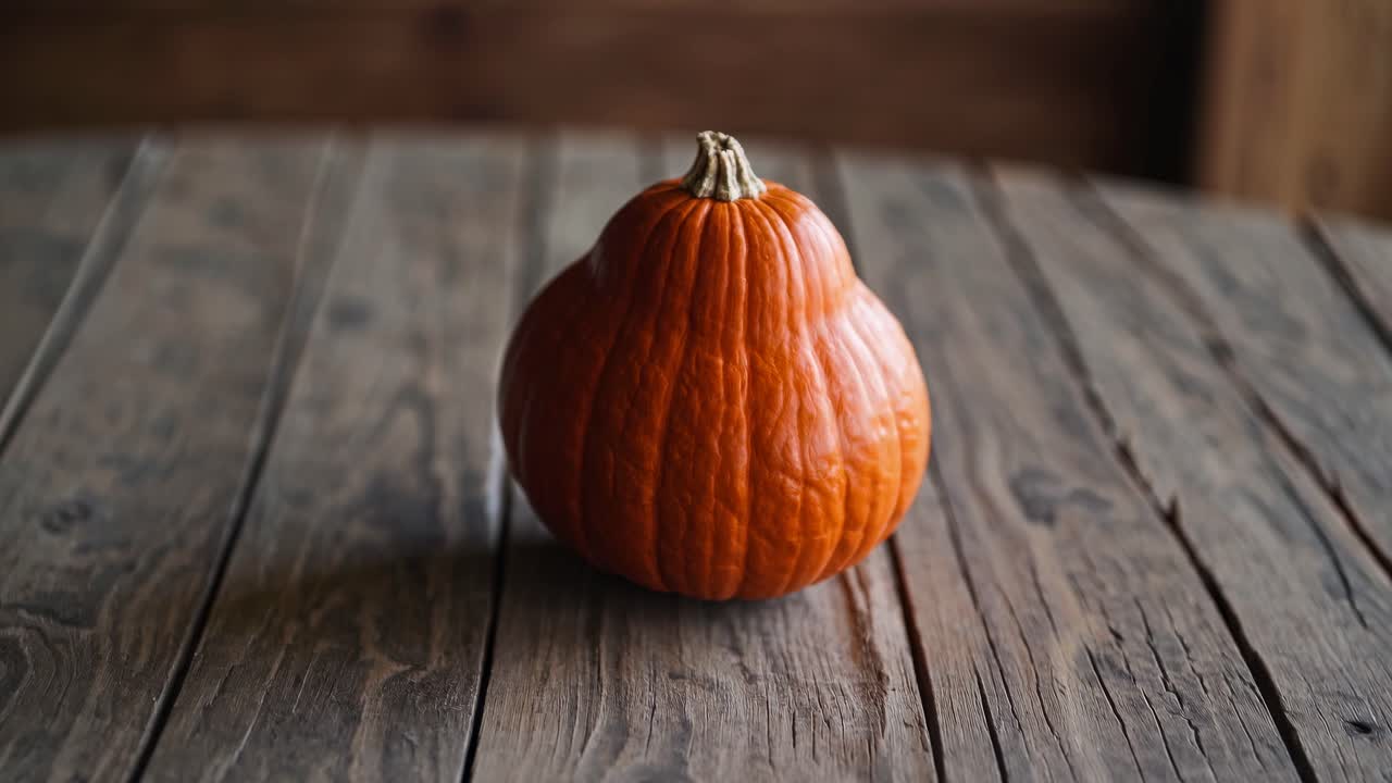 A rustic video scene of a pumpkin on a wooden table, captured from a low angle