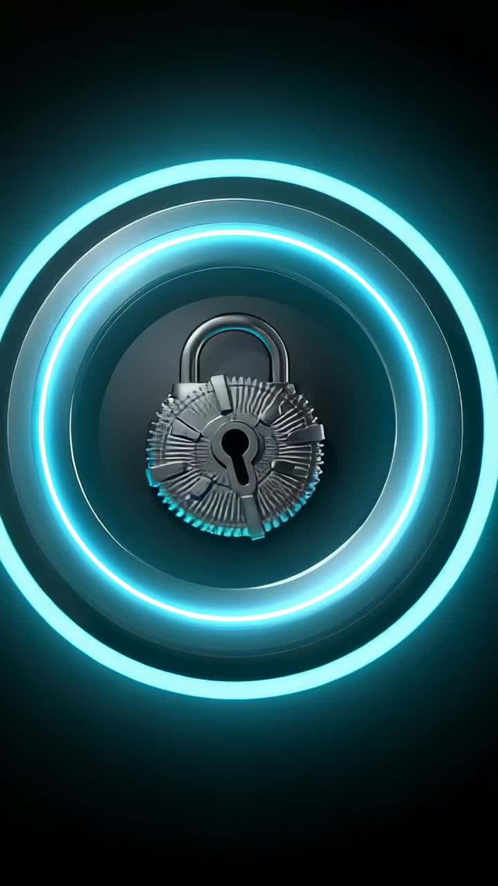 Vertical video: Appearing neon blue bar rotating around padlock on backing plate, indicating unlock