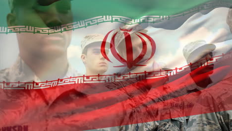 animation of flag of iran over diverse male soldiers