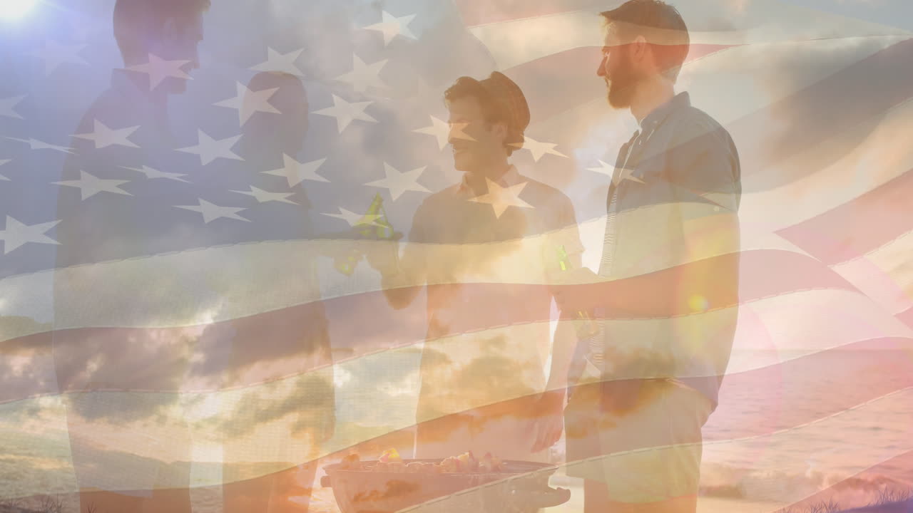 animación de la bandera de los estados unidos de américa sobre amigos divirtiéndose